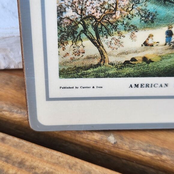 Vintage Currier & Ives Hometown Season Pictorial Collage Coaster Set Cork Back - Picture 8 of 9